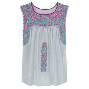 Mi Golondrina Purple & Teal Floral Embroidered Cap Sleeve Blouse Size Small